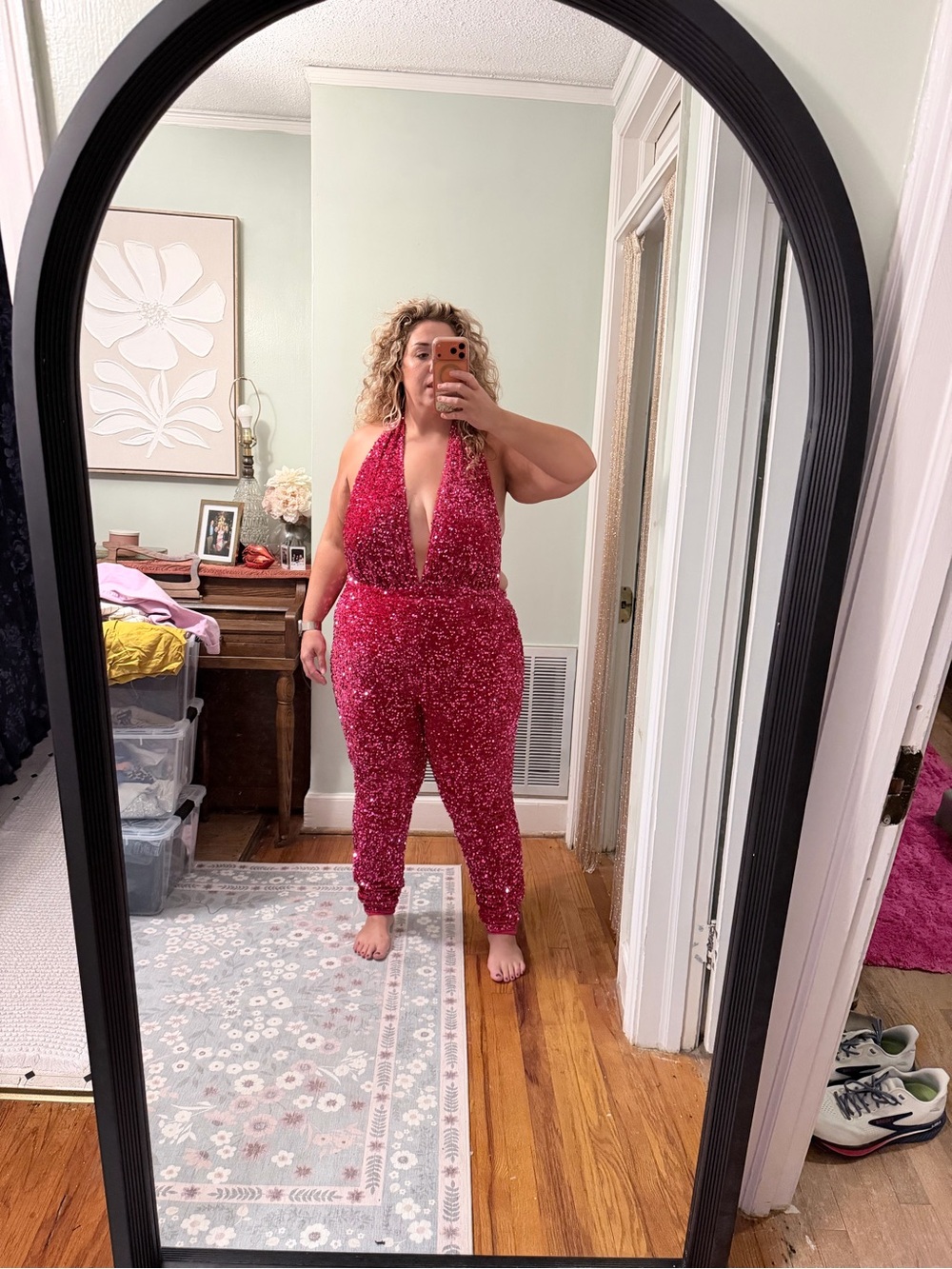 Fashion Nova Sequin Sparkle Plunge Halter Jumpsuit - Hot Pink